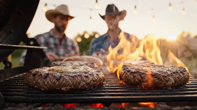 Burgers grilling outdoor during sunset