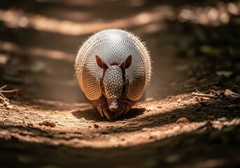 Obraz premium Armadillo Curled into a Ball on Dusty Path Wildlife Protection