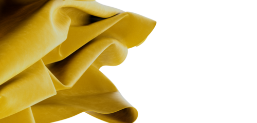 Abstract image of luxurious yellow fabric flowing and folded against a white backdrop. Perfect for design and artistic p