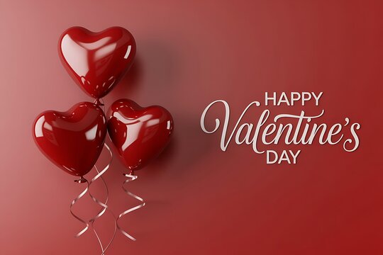 Red heart balloons with happy valentines day text on red background