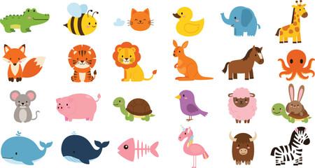 Fototapeta premium Cute cartoon animal vector illustration set with wild, farm and sea animals in colorful flat style