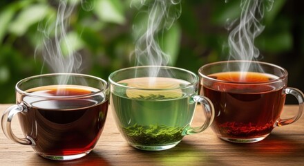 Three steaming cups of tea on a wooden table with green foliage in the background.