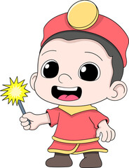 Happy Lunar New Year Kid Cartoon Holding Firework