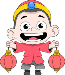 Happy Lunar New Year Kid Cartoon With Lanterns