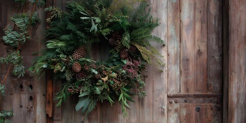 Wreath made of greenery and pinecones hanging on a wooden door at a rustic location