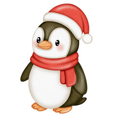 Cute Woodland penguins Christmas Watercolor.