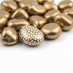 Golden polka dot egg among smooth golden eggs
