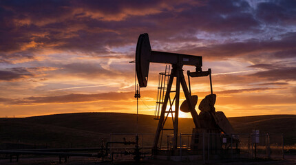 Silhouetted oil pumpjack operating at sunset over rolling hills with dramatic colorful clouds and industrial energy landscape