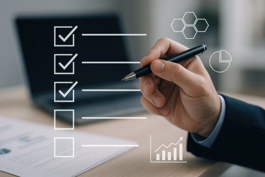 Business professional reviewing completed tasks on a checklist with a laptop in background, symbolizing productivity, organization, and analytics in work settings. - Powered by Adobe