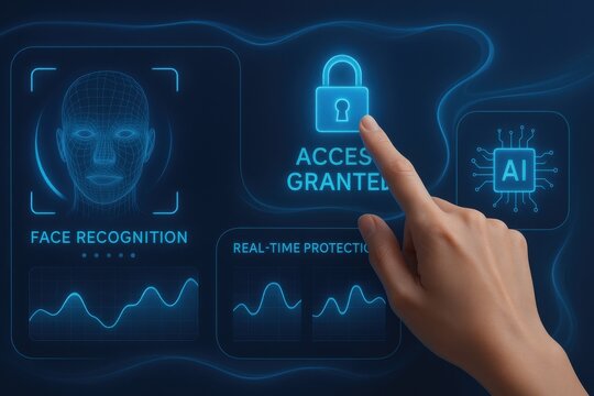 User interacting with advanced security interface showcasing face recognition technology and access control functionalities. Concept of biometrics, AI, and data protection.