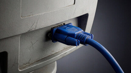 Closeup of blue vga cable plugged into old computer monitor port with worn plastic surface and visible scratches