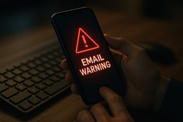 Person receiving urgent email warning notification on smartphone, highlighting cybersecurity concerns in modern communication. Concept of digital safety and vigilance.