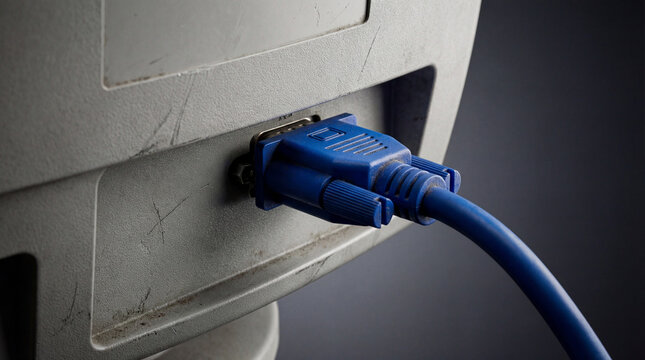 Closeup of blue vga cable plugged into old computer monitor port with worn plastic surface and visible scratches