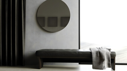 Modern interior design with a bench and round mirror in a bright space featuring window and curtains