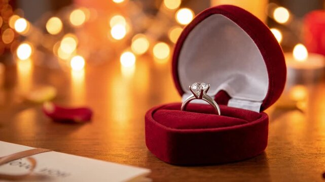 Beautiful diamond engagement ring in a red velvet heart shaped box sitting on a wooden table, surrounded by warm candlelight, rose petals, and a love letter for a romantic marriage proposal