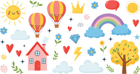 Cute fantasy icons vector illustration set with rainbow, house, hot air balloons, sun, clouds and decorative elements