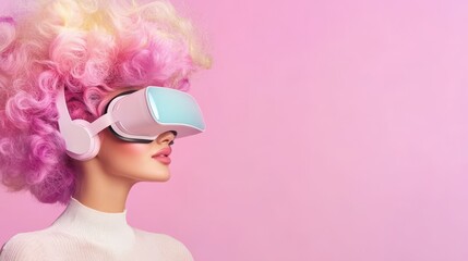 Virtual Glamour: A stylish woman in profile, donned in virtual reality goggles and a vibrant, fluffy wig, showcases a fusion of technology and fashion, a playful exploration of digital immersion.