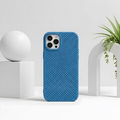 Blue perforated phone case on display