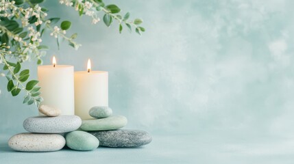  Serene Balance: The gentle flames of two candles cast a warm, inviting glow upon a carefully stacked arrangement of smooth stones, evoking feelings of serenity and balance against a soft.