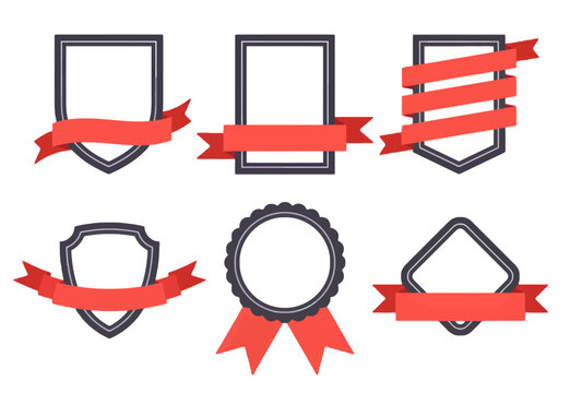 Collection of blank badges with red ribbons for awards and recognition - Powered by Adobe