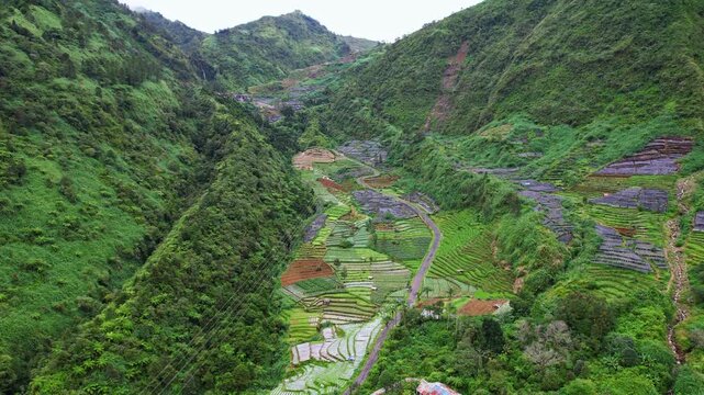 Aerial drone footage of a green small heaven valley in Dieng plateau, Indonesia, called Swiss van Java
