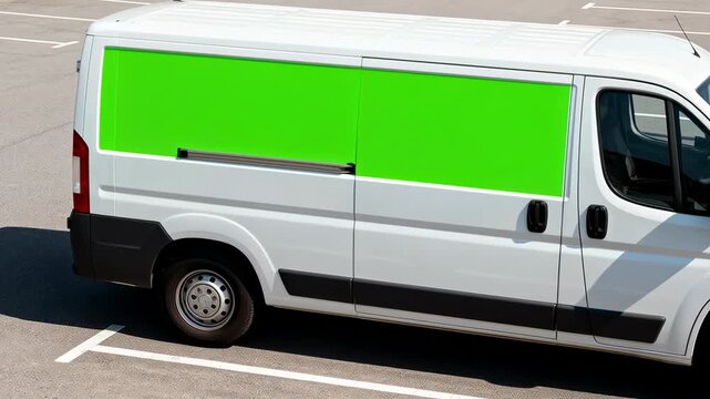 White van driving through parking lot with green panel focus
