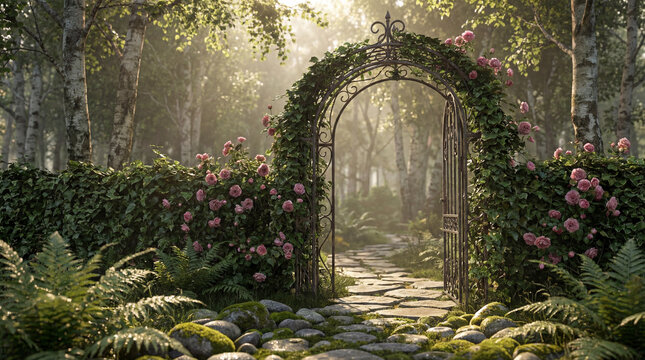 romantic garden archway covered in blooming pink roses along a stone pathway surrounded by lush green forest in soft morning light - Powered by Adobe