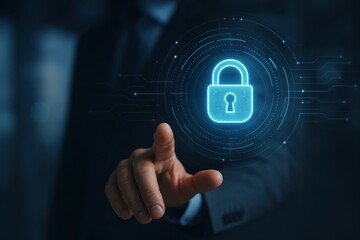 Business professional interacting with a digital padlock icon representing cybersecurity and data protection. Concept of information security and technology innovation.