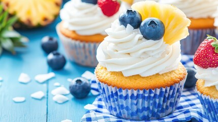 Tropical Delight: a tempting cupcake creation, adorned with fresh blueberries and pineapple, that bring you a burst of fruity sensation