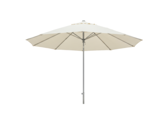 Elegant open cream patio parasol with polished silver pole, lighter cream top, beige underside, against a pristine transparent studio background for copy space, luxury outdoor living concept