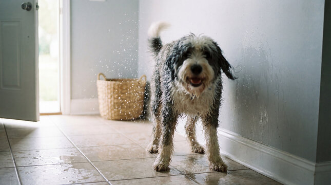 Wet shaggy dog shaking off water on tiled floor in bright hallway interior with splashes around playful pet body