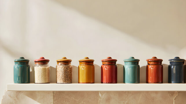 Storage jars lined up on a shelf with sunlight casting shadows in a kitchen