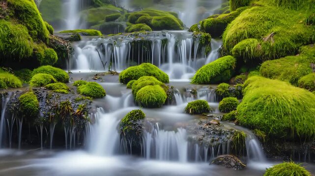 Serene water cascades gently over vibrant green mossy rocks in a peaceful forest stream