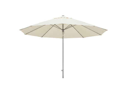 Elegant open cream patio parasol with polished silver pole, lighter cream top, beige underside, against a pristine transparent studio background for copy space, luxury outdoor living concept