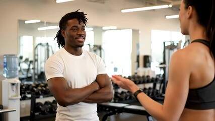 Personal trainer smiles talking with woman in gym near dumbbells. Fitness trainer discusses workout with client. Trainer and woman talk in gym. Personal training consultation with dumbbells. - Powered by Adobe