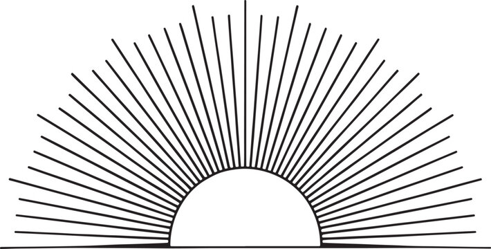 Minimal Sunrise Line Icons Set &ndash; Abstract Half Sun Sunburst Rays in Elegant Outline Style, Modern Geometric Sunbeams