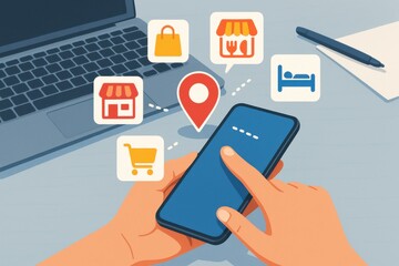 Hand using smartphone to navigate local services, showcasing online shopping, dining, and lodging options. Concept of convenience, technology, and service accessibility.