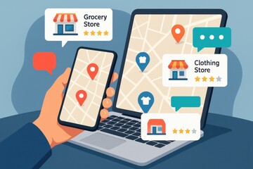 User browsing local store options on smartphone and laptop, showcasing modern convenience of online shopping and navigation. Concept of retail, technology, and consumer behavior.