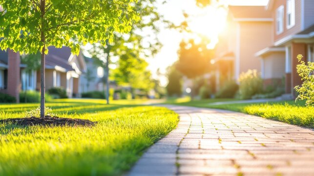 Pathway to Serenity: A sun-drenched pathway winds through a quaint neighborhood, inviting you to wander and explore.