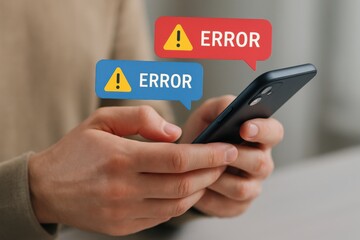 User encountering error notifications on mobile device, symbolizing frustration with technology and the need for troubleshooting solutions. Concept of digital challenges and user experience.