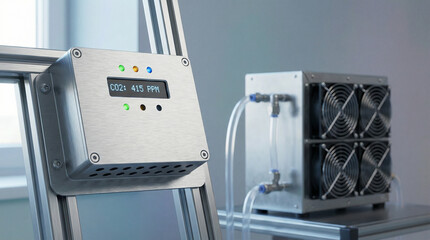 Modern industrial co2 monitoring system with digital display and cooling unit in clean laboratory environment