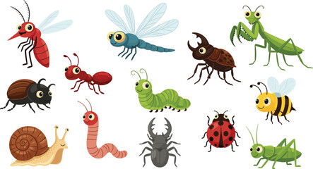 Cute insects and bugs vector illustration set with butterfly, beetle, ant, bee, snail and grasshopper characters © Sumon Creative
