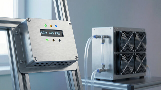Modern industrial co2 monitoring system with digital display and cooling unit in clean laboratory environment
