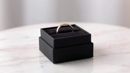 Beautiful golden wedding band presented in a stylish black box sitting on a white marble table, symbolizing an engagement proposal, marriage vows, and eternal commitment and love