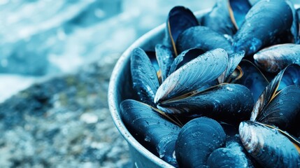 Fresh Harvest: A close-up shot of a bucket brimming with glistening, freshly-harvested mussels, suggesting culinary delight and a bounty from the sea.