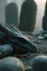 Dragon head resting on sand and rock. Mythical creature. Fantasy dragon. Appreciate a Dragon Day. Sleeping dragon.