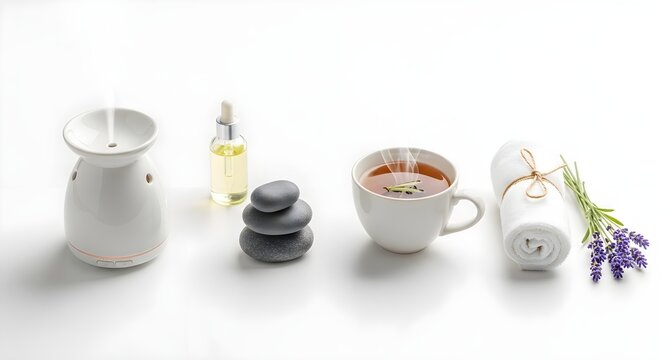 Spa day essentials aromatherapy setup with tea towel and stones - Powered by Adobe