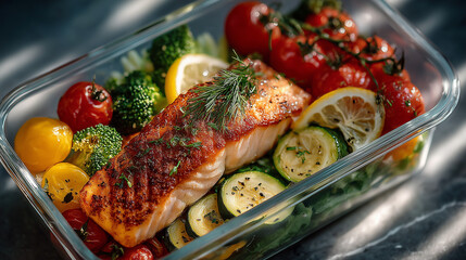 Top view of a modern meal prep container with colorful fresh vegetables and grilled salmon, bright aesthetic