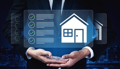 A businessman stands with outstretched hands, showcasing a digital interface featuring a home symbol and checklist, emphasizing modern real estate solutions and technology. Gantry