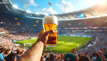 beer toast in crowded sports arena, motion blur crowd, refreshing advertising visual